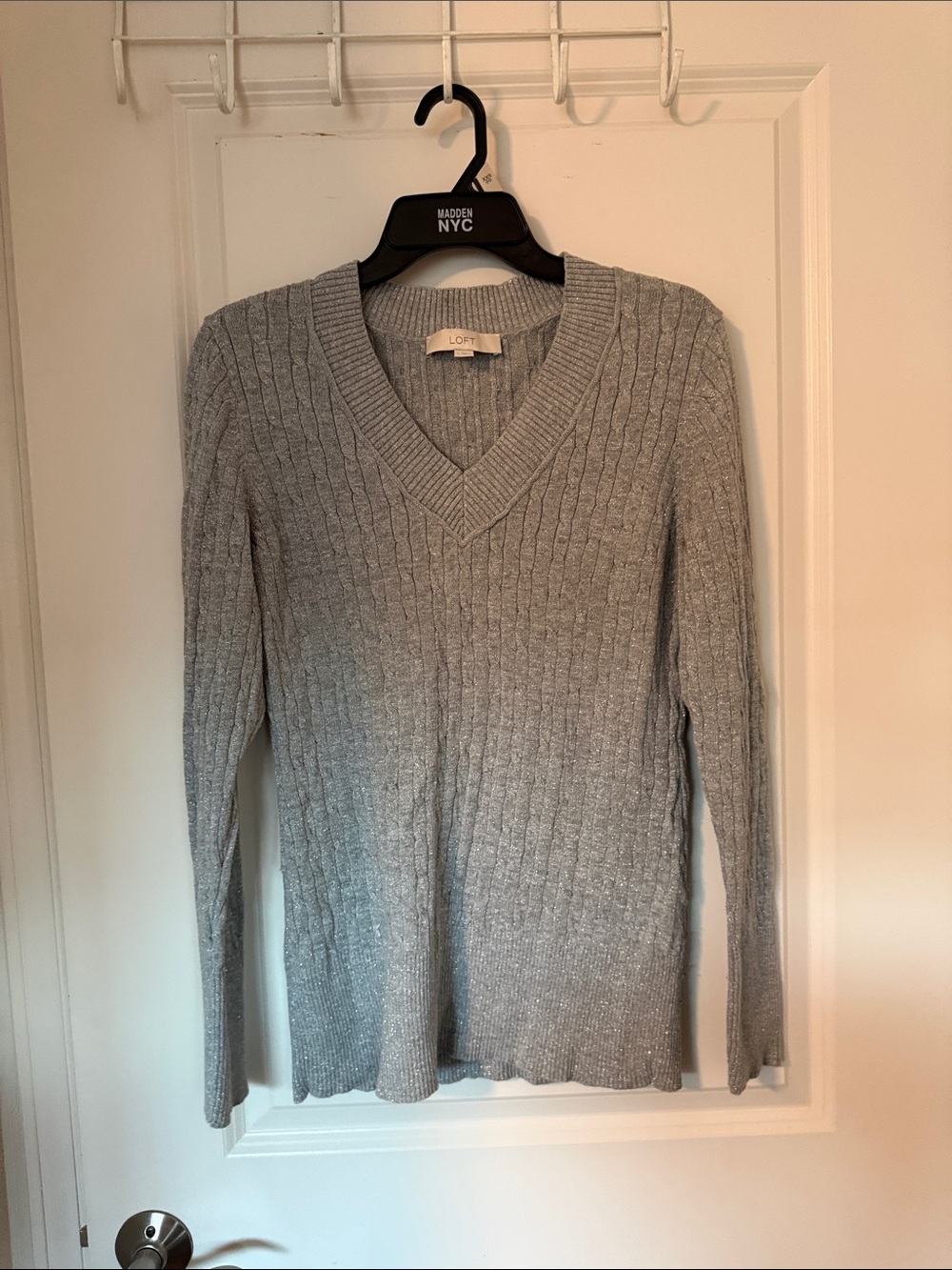 LOFT Heather Gray V-Neck Ribbed Cable Knit Sweater